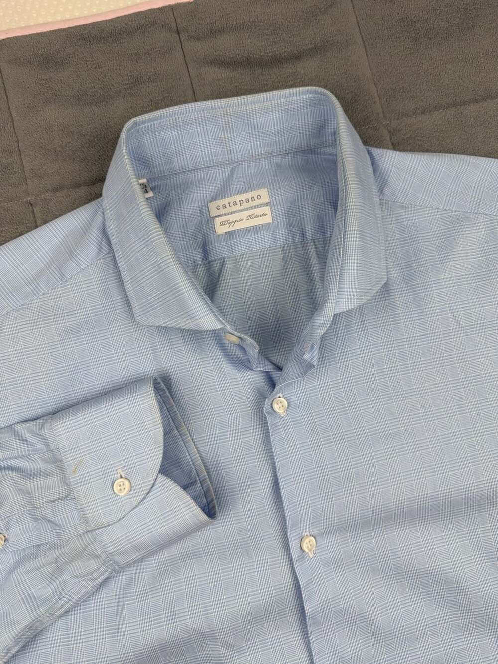 Catapano Doppio Ritorto Men's Long Sleeve Dress Shirt Light Blue Plaid 17.5/44